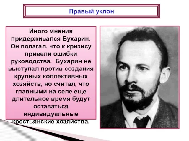 Иного мнения придерживался Бухарин. Он полагал, что к кризису привели