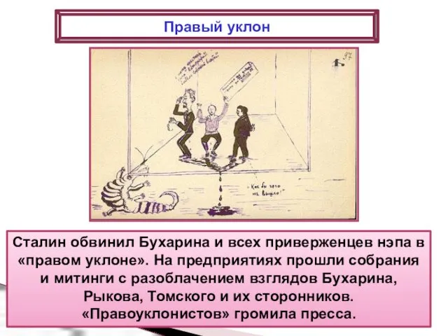Сталин обвинил Бухарина и всех приверженцев нэпа в «правом уклоне».