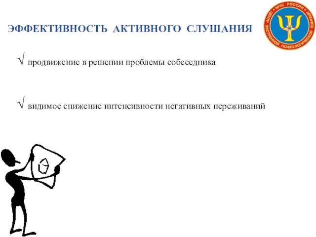 ЭФФЕКТИВНОСТЬ АКТИВНОГО СЛУШАНИЯ √ продвижение в решении проблемы собеседника √ видимое снижение интенсивности негативных переживаний