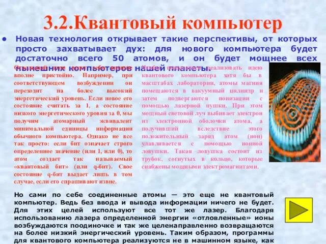 3.2.Квантовый компьютер Новая технология открывает такие перспективы, от которых просто