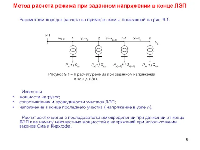 Метод расчета режима при заданном напряжении в конце ЛЭП Рассмотрим