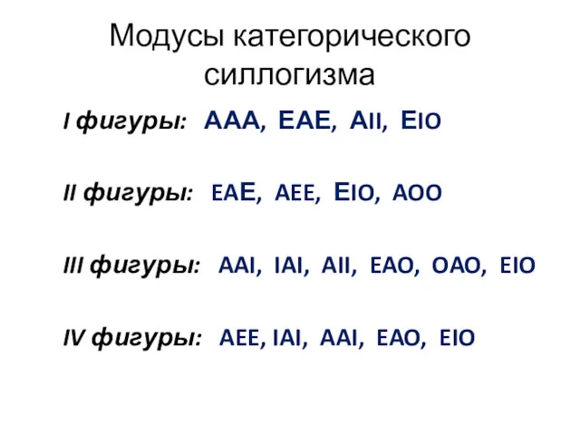 Модусы категорического силлогизма I фигуры: ААА, ЕАЕ, АII, ЕIO II