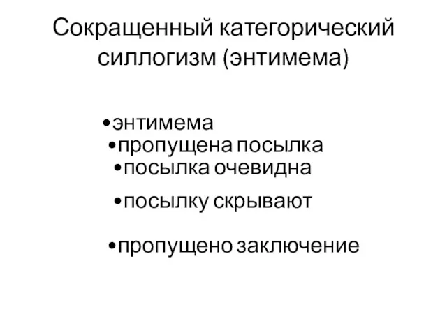 Сокращенный категорический силлогизм (энтимема) энтимема пропущена посылка посылка очевидна посылку скрывают пропущено заключение