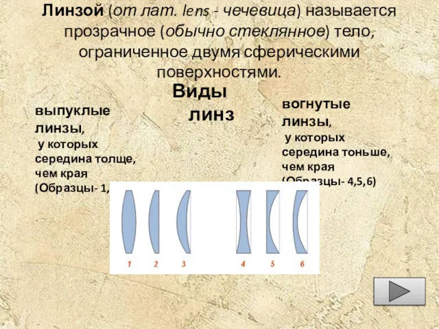 Линзой (от лат. lens - чечевица) называется прозрачное (обычно стеклянное)