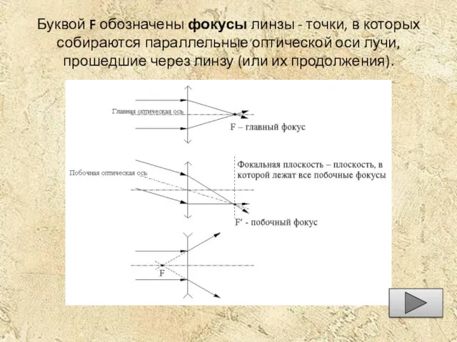 Буквой F обозначены фокусы линзы - точки, в которых собираются