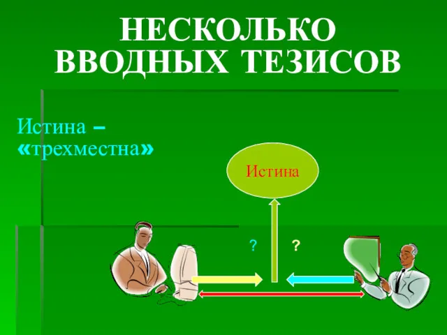 НЕСКОЛЬКО ВВОДНЫХ ТЕЗИСОВ Истина – «трехместна» Истина ? ?