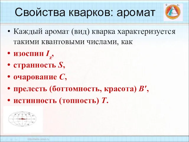 Каждый аромат (вид) кварка характеризуется такими квантовыми числами, как изоспин