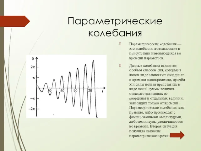 Параметрические колебания Параметрические колебания — это колебания, возникающие в присутствии