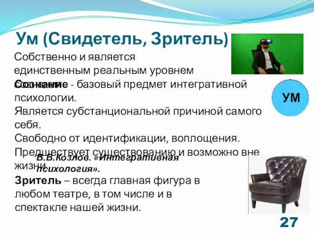 Ум (Свидетель, Зритель) Собственно и является единственным реальным уровнем сознания.