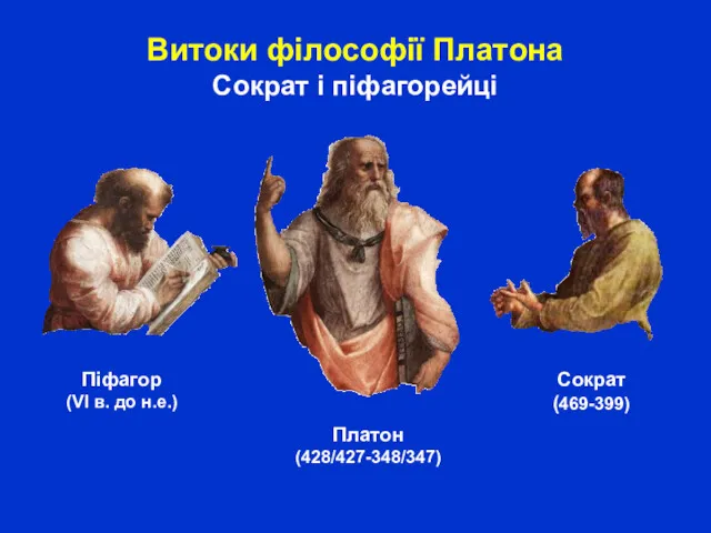 Витоки філософії Платона Сократ і піфагорейці Піфагор (VI в. до н.е.) Платон (428/427-348/347) Сократ (469-399)