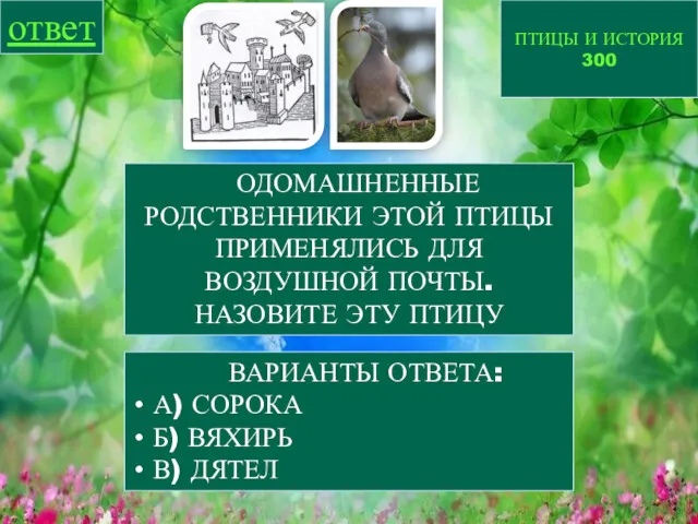 ПТИЦЫ И ИСТОРИЯ 300 ответ ОДОМАШНЕННЫЕ РОДСТВЕННИКИ ЭТОЙ ПТИЦЫ ПРИМЕНЯЛИСЬ