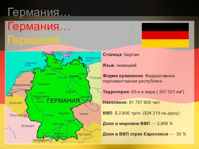 Столица: Берлин Язык: немецкий Форма правления: Федеративная парламентарная республика Территория: