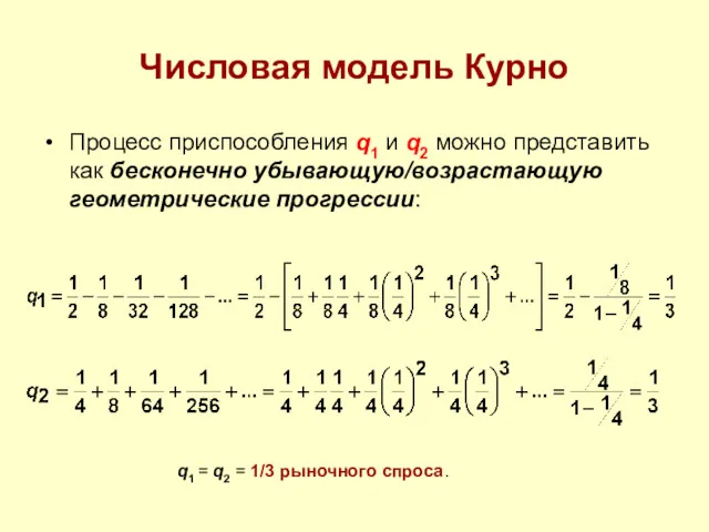 Числовая модель Курно Процесс приспособления q1 и q2 можно представить