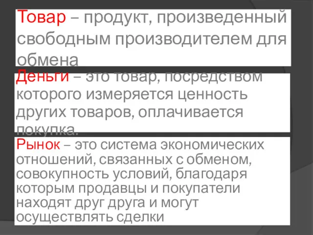 Товар – продукт, произведенный свободным производителем для обмена Деньги –