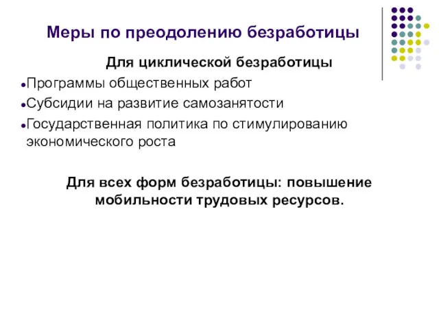 Меры по преодолению безработицы Для циклической безработицы Программы общественных работ