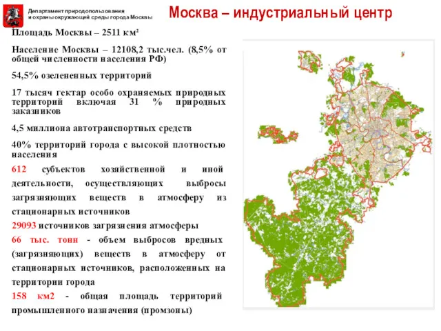 Площадь Москвы – 2511 км² Население Москвы – 12108,2 тыс.чел.