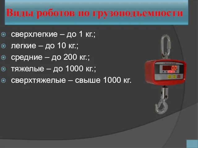 Виды роботов по грузоподъемности сверхлегкие – до 1 кг.; легкие