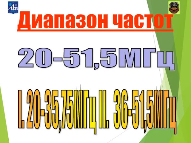 20-51,5МГц Диапазон частот I. 20-35,75МГц II. 36-51,5МГц
