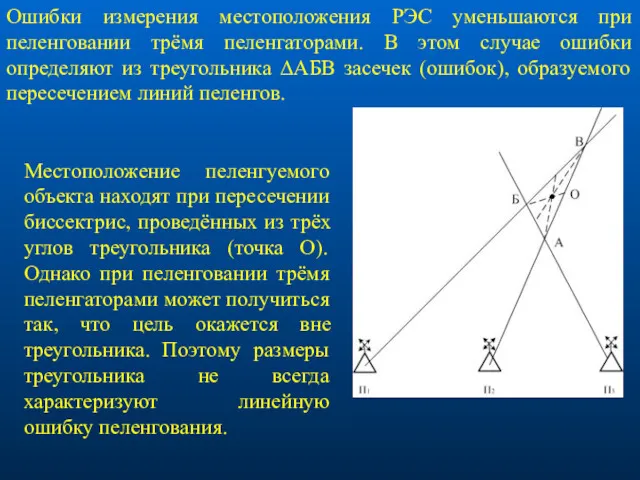 Ошибки измерения местоположения РЭС уменьшаются при пеленговании трёмя пеленгаторами. В