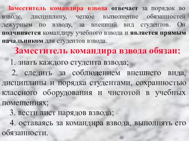 Заместитель командира взвода отвечает за порядок во взводе, дисциплину, четкое