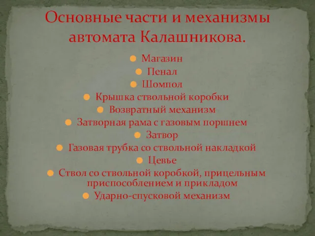 Магазин Пенал Шомпол Крышка ствольной коробки Возвратный механизм Затворная рама