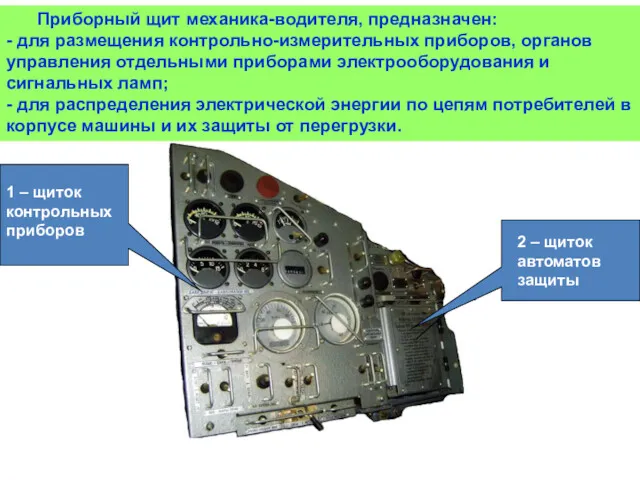 Приборный щит механика-водителя, предназначен: - для размещения контрольно-измерительных приборов, органов