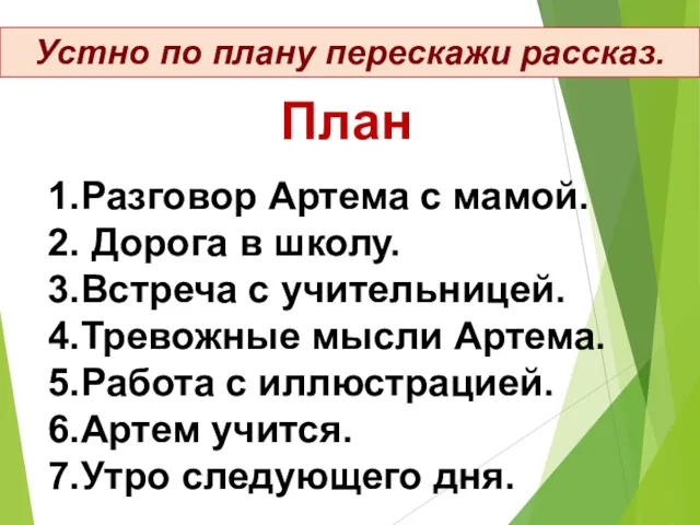 1.Разговор Артема с мамой. 2. Дорога в школу. 3.Встреча с