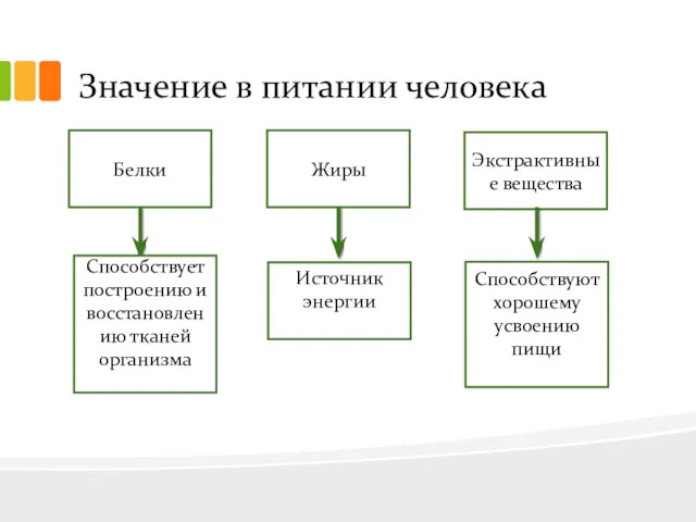 Значение в питании человека Белки Экстрактивные вещества Жиры Способствует построению