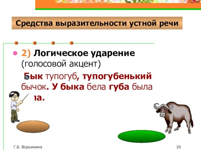 Г.Б. Вершинина Средства выразительности устной речи 2) Логическое ударение (голосовой