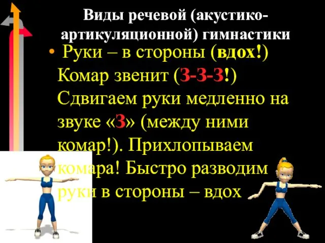 Виды речевой (акустико-артикуляционной) гимнастики Руки – в стороны (вдох!) Комар