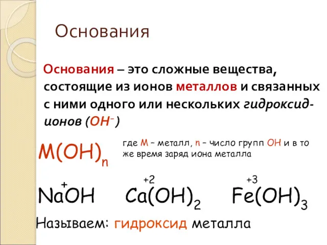 Основания Основания – это сложные вещества, состоящие из ионов металлов