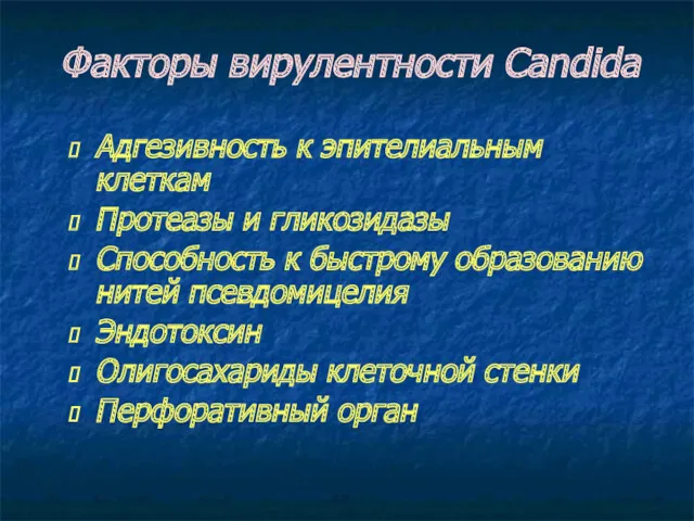 Факторы вирулентности Candida Адгезивность к эпителиальным клеткам Протеазы и гликозидазы