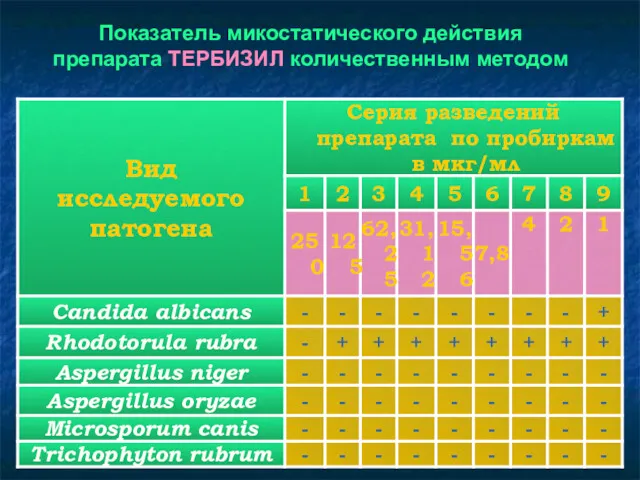 Показатель микостатического действия препарата ТЕРБИЗИЛ количественным методом