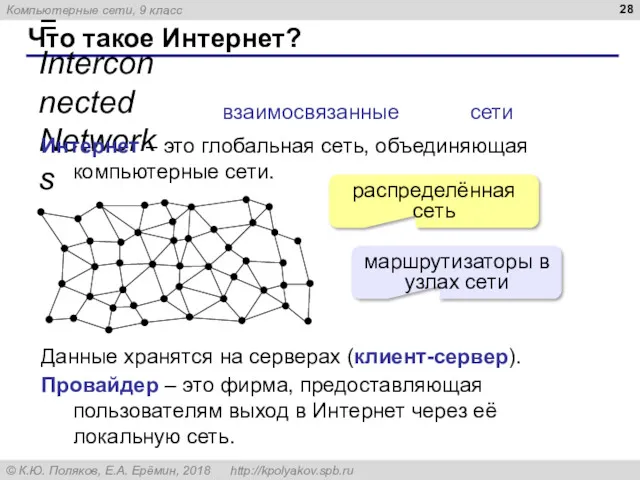 Что такое Интернет? InterNet = Interconnected Networks Интернет – это