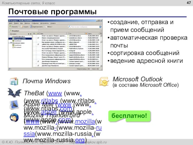 Почтовые программы Почта Windows Microsoft Outlook (в составе Microsoft Office)