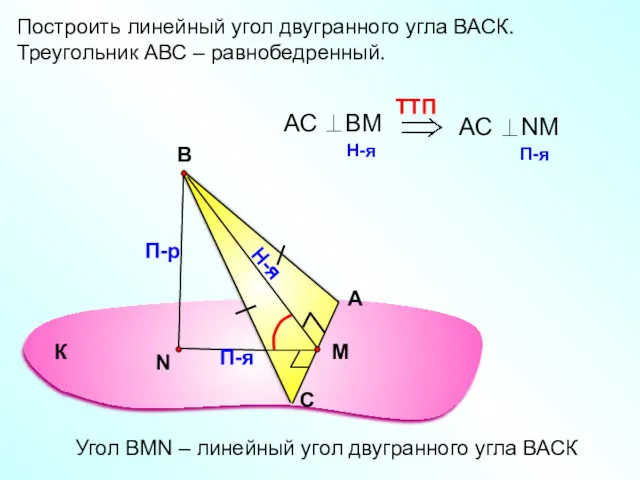 Построить линейный угол двугранного угла ВАСК. Треугольник АВС – равнобедренный.