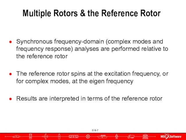 Synchronous frequency-domain (complex modes and frequency response) analyses are performed relative to the