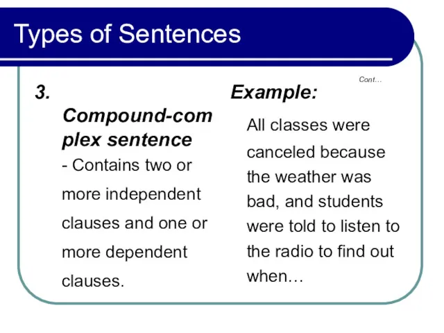 Types of Sentences 3. Compound-complex sentence - Contains two or