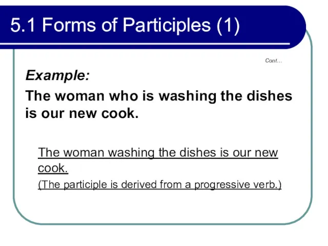 5.1 Forms of Participles (1) Example: The woman who is