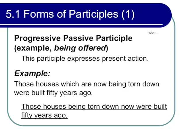 5.1 Forms of Participles (1) Progressive Passive Participle (example, being