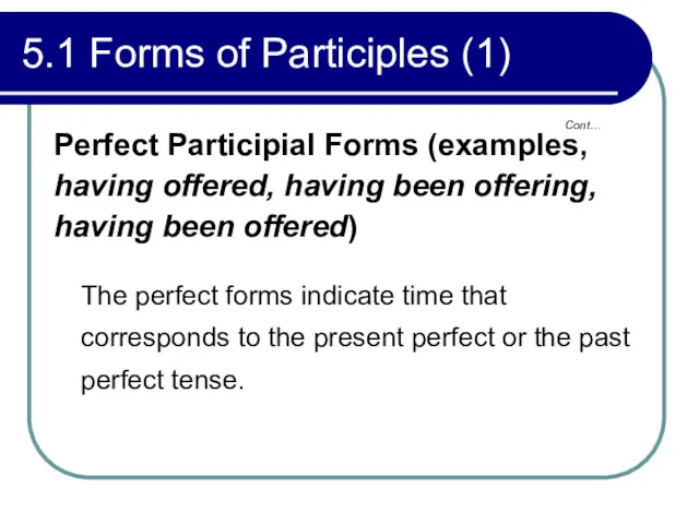 5.1 Forms of Participles (1) Perfect Participial Forms (examples, having