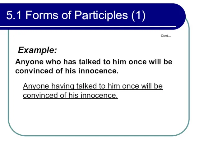 5.1 Forms of Participles (1) Example: Anyone who has talked