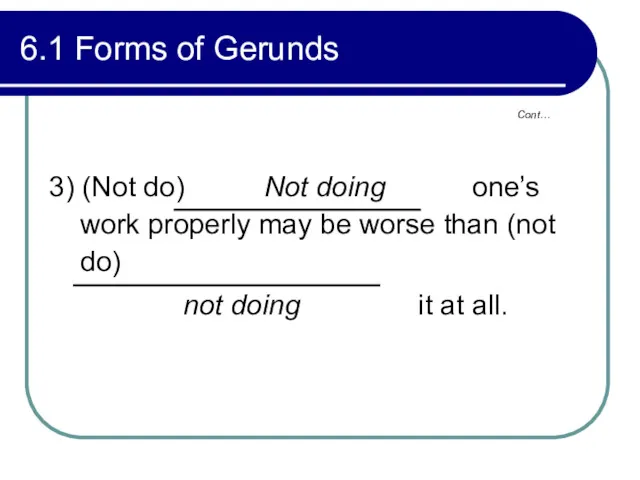 Cont… 6.1 Forms of Gerunds 3) (Not do) Not doing