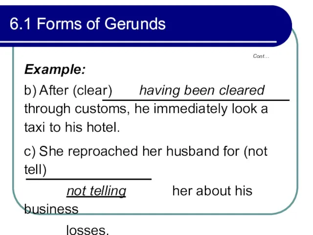 Cont… 6.1 Forms of Gerunds Example: b) After (clear) having