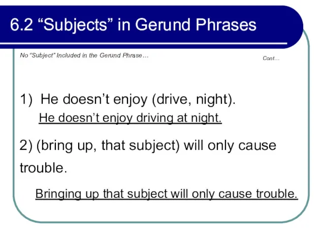 Cont… 6.2 “Subjects” in Gerund Phrases 1) He doesn’t enjoy