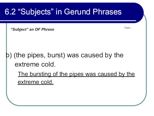 Cont… 6.2 “Subjects” in Gerund Phrases b) (the pipes, burst)