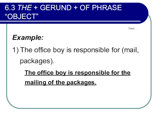 Cont… 6.3 THE + GERUND + OF PHRASE “OBJECT” Example: