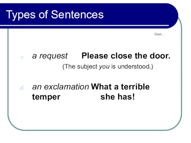Types of Sentences a request Please close the door. (The