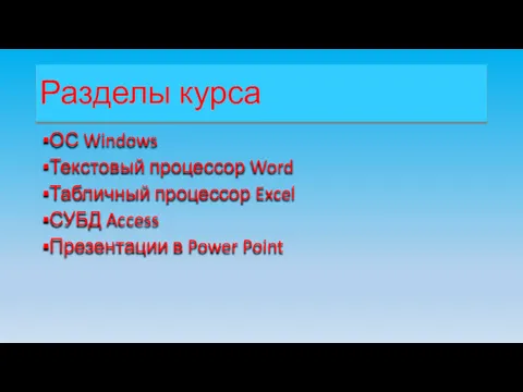 Разделы курса ОС Windows Текстовый процессор Word Табличный процессор Excel СУБД Access Презентации в Power Point
