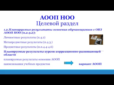 АООП НОО Целевой раздел 1.2.Планируемые результаты освоения обучающимися с ОВЗ АООП НОО (п.2.9.2);